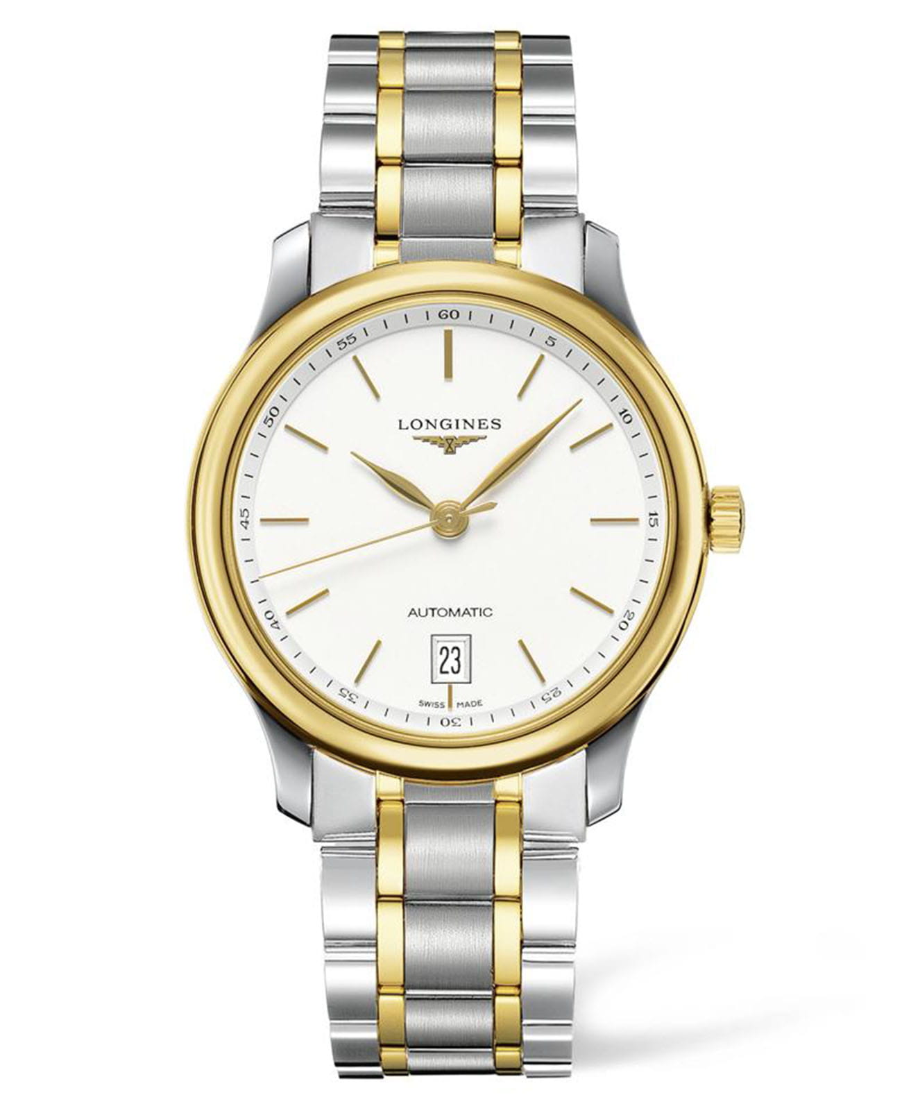 Longines Longines Master Collection L2.628.5.12.7  L26285127 механические мужские часы белый циферблат, браслет нержавеющая сталь + золото 18к — вид спереди