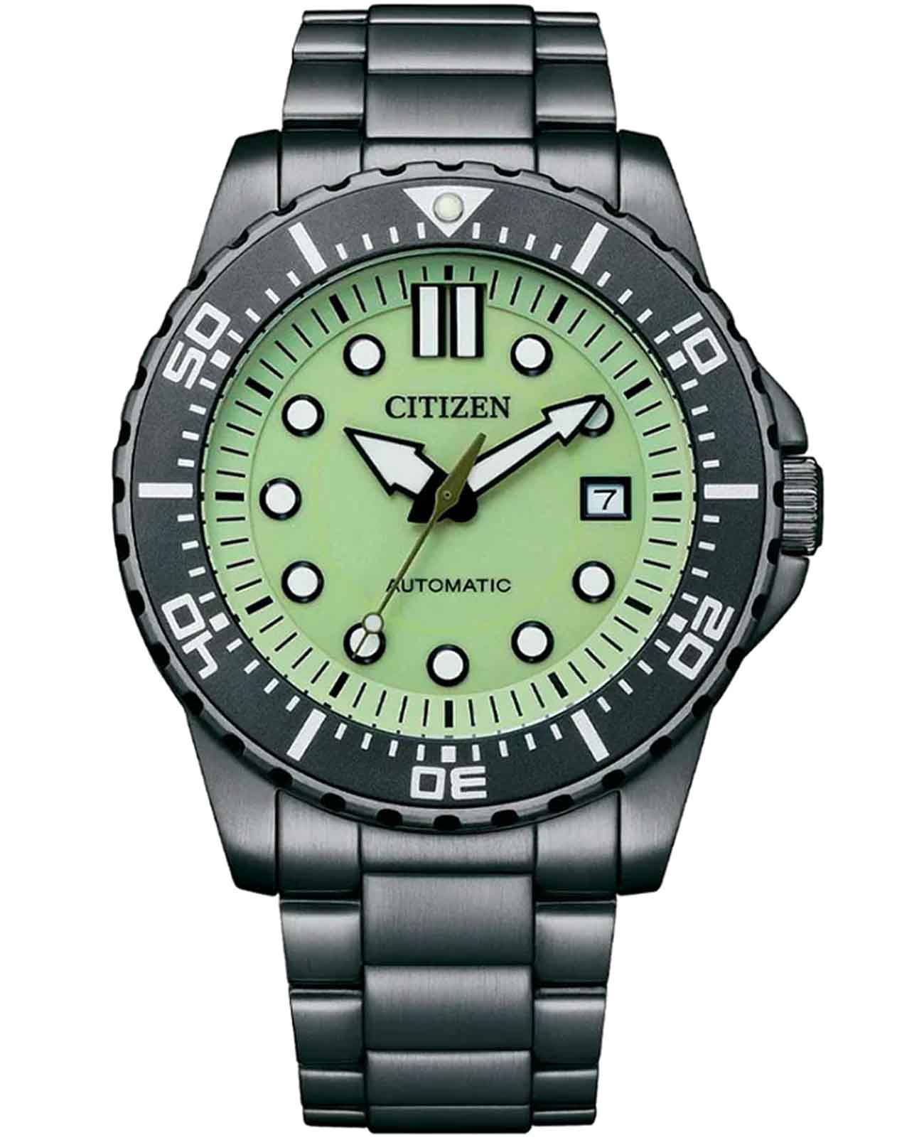 Citizen Citizen Automatic NJ0177-84X  NJ0177-84X механические мужские часы зеленый циферблат, браслет нержавеющая сталь с ip-покрытием — вид спереди