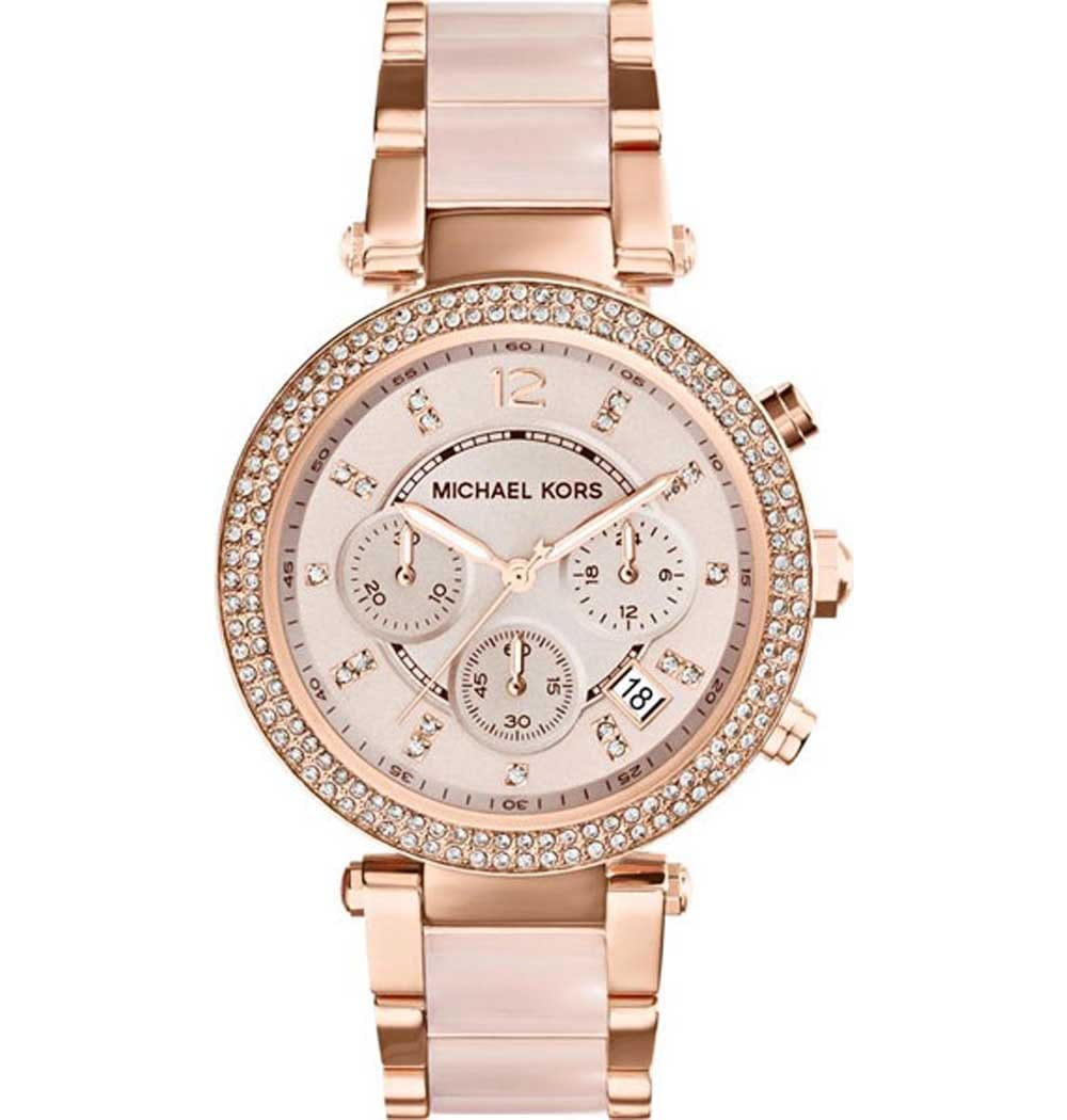 Michael Kors Michael Kors Ritz MK5896  MK5896 кварцевые женские часы розовый циферблат, браслет 18-каратное желтое золото — вид спереди