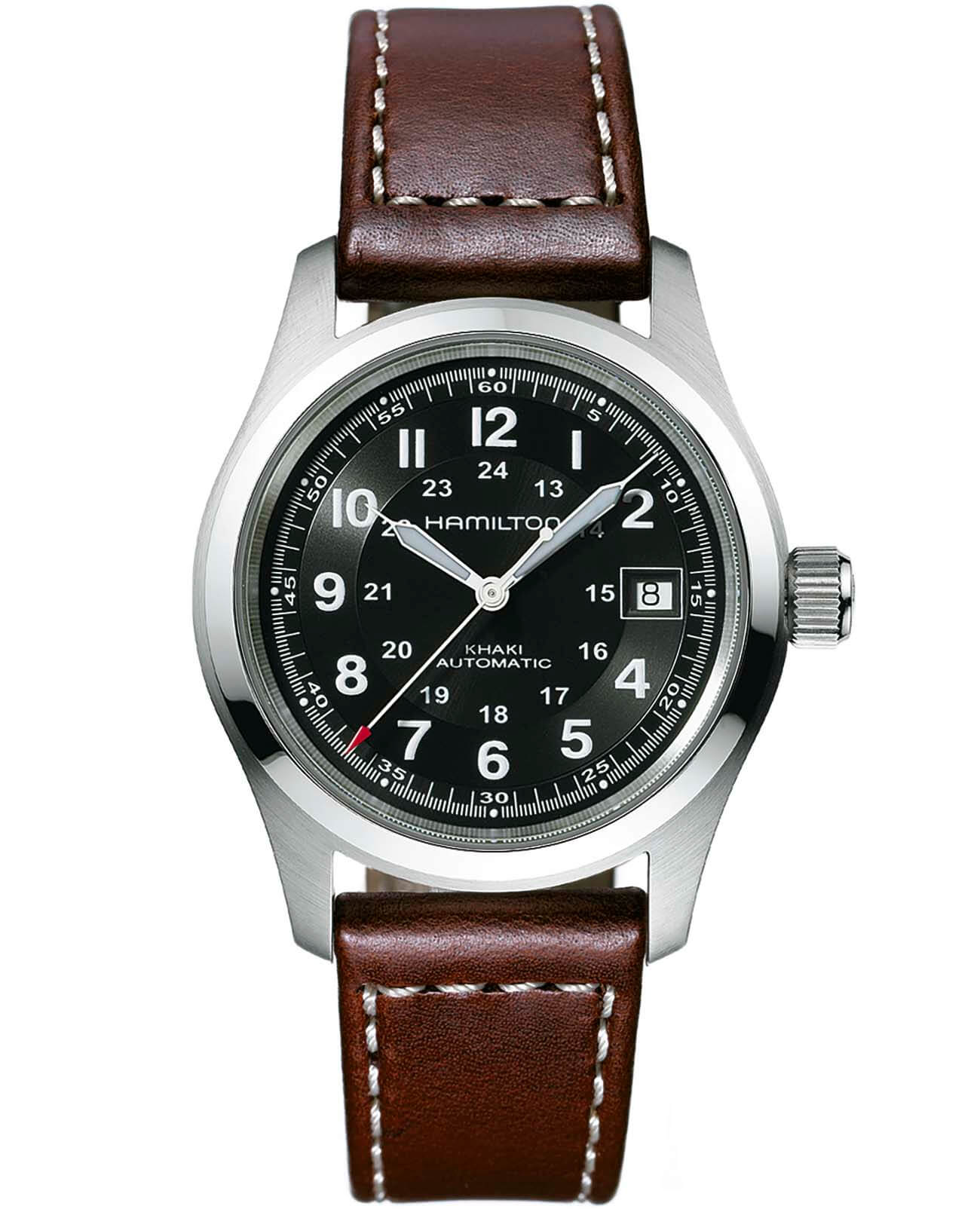 Hamilton Hamilton Khaki Field Auto H70455533  H70455533 механические мужские часы черный циферблат, браслет кожаный — вид спереди