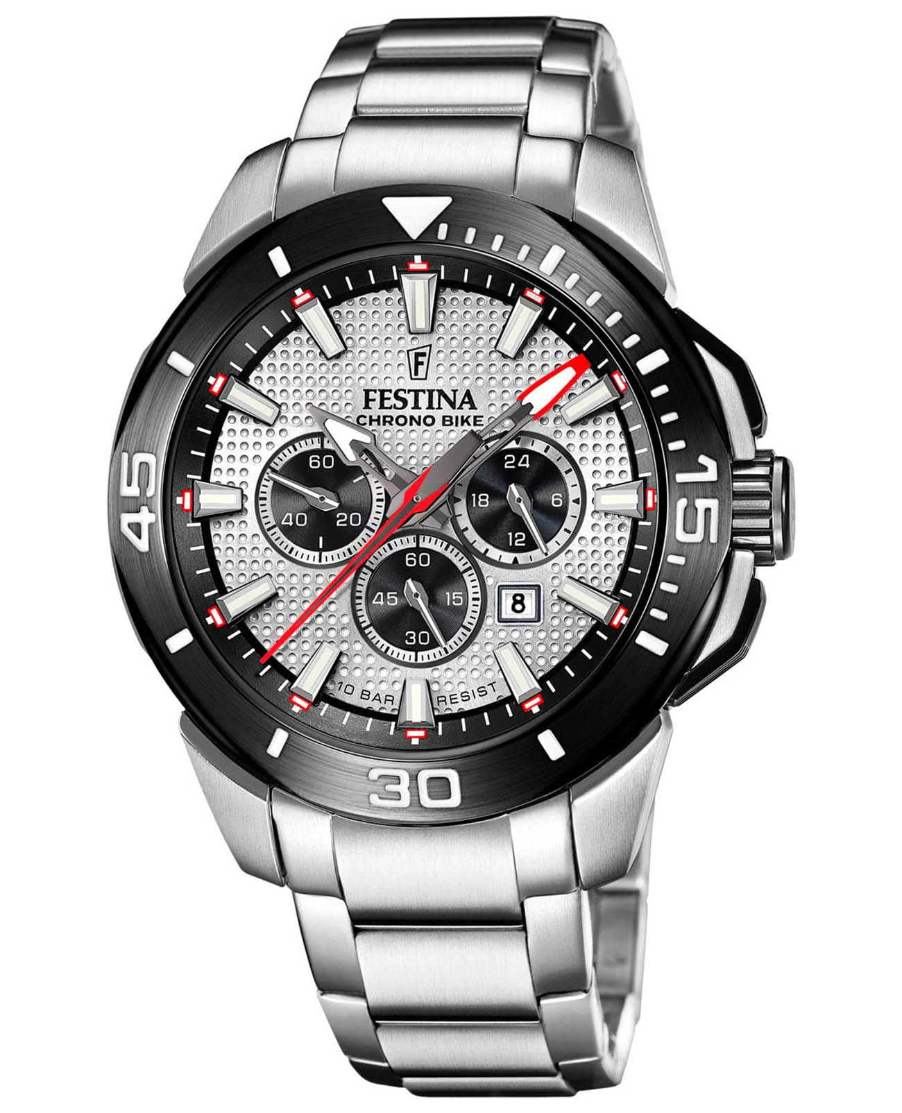 Festina Festina Chrono Bike F20641/1  F20641/1 кварцевые мужские часы серебристый циферблат, браслет нержавеющая сталь — вид спереди