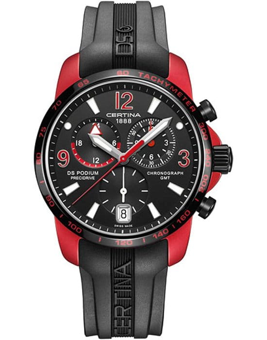 Certina Certina DS Podium Chronograph GMT Aluminium  C001.639.97.057.01  C0016399705701 кварцевые мужские часы черный циферблат, браслет каучук — вид спереди
