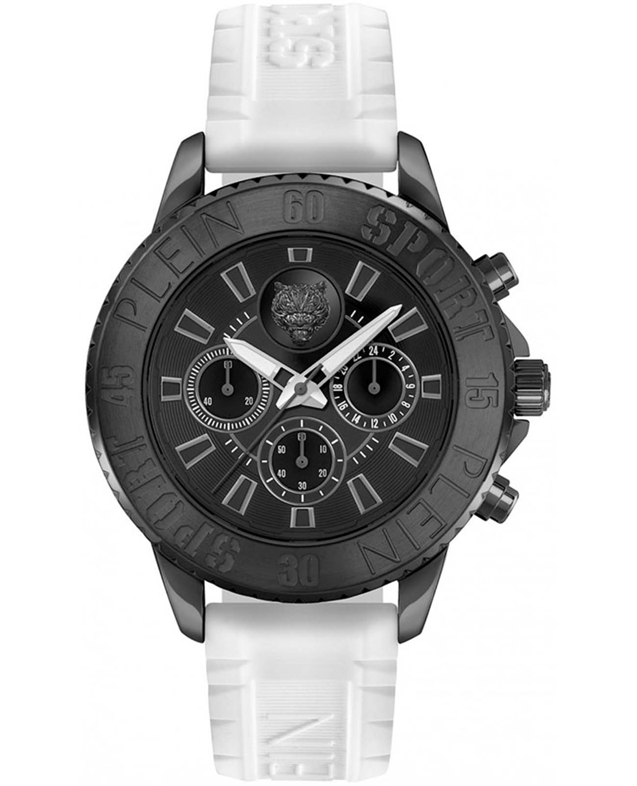 Plein Sport Plein Sport Glam Chrono PSMEA0324  PSMEA0324 кварцевые мужские часы черный циферблат, браслет силикон — вид спереди