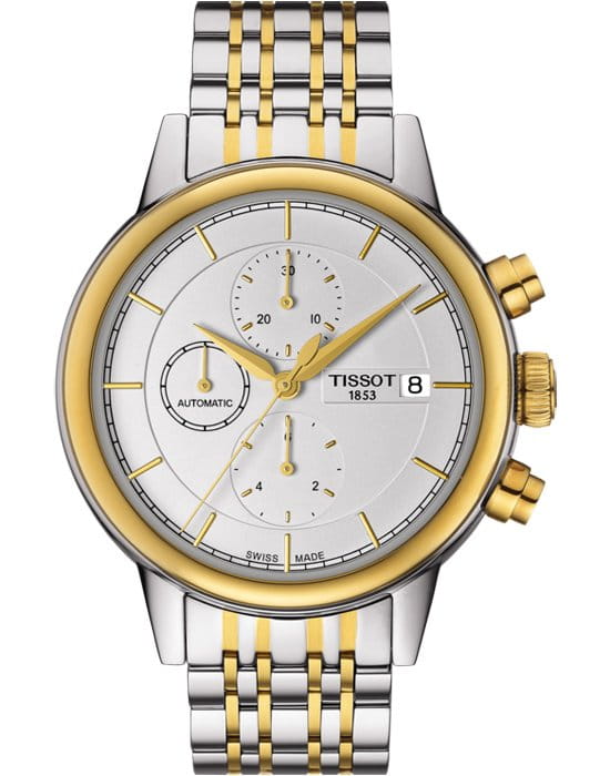 Tissot Tissot Carson Automatic Chronograph T085.427.22.011.00 Carson T0854272201100 механические мужские часы белый циферблат, браслет  — вид спереди