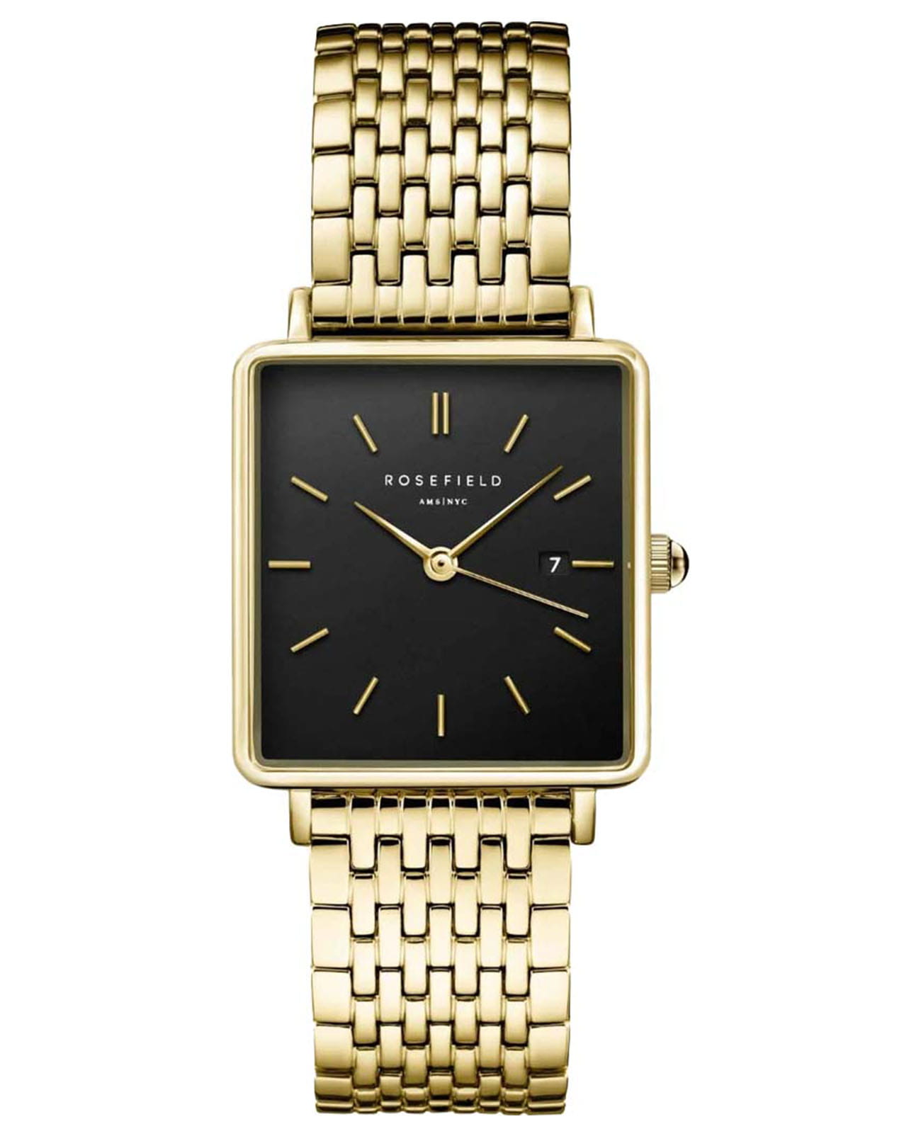 Rosefield Rosefield The Boxy QBSG-Q017  QBSG-Q017 кварцевые женские часы черный циферблат, браслет сталь c pvd покрытием — вид спереди