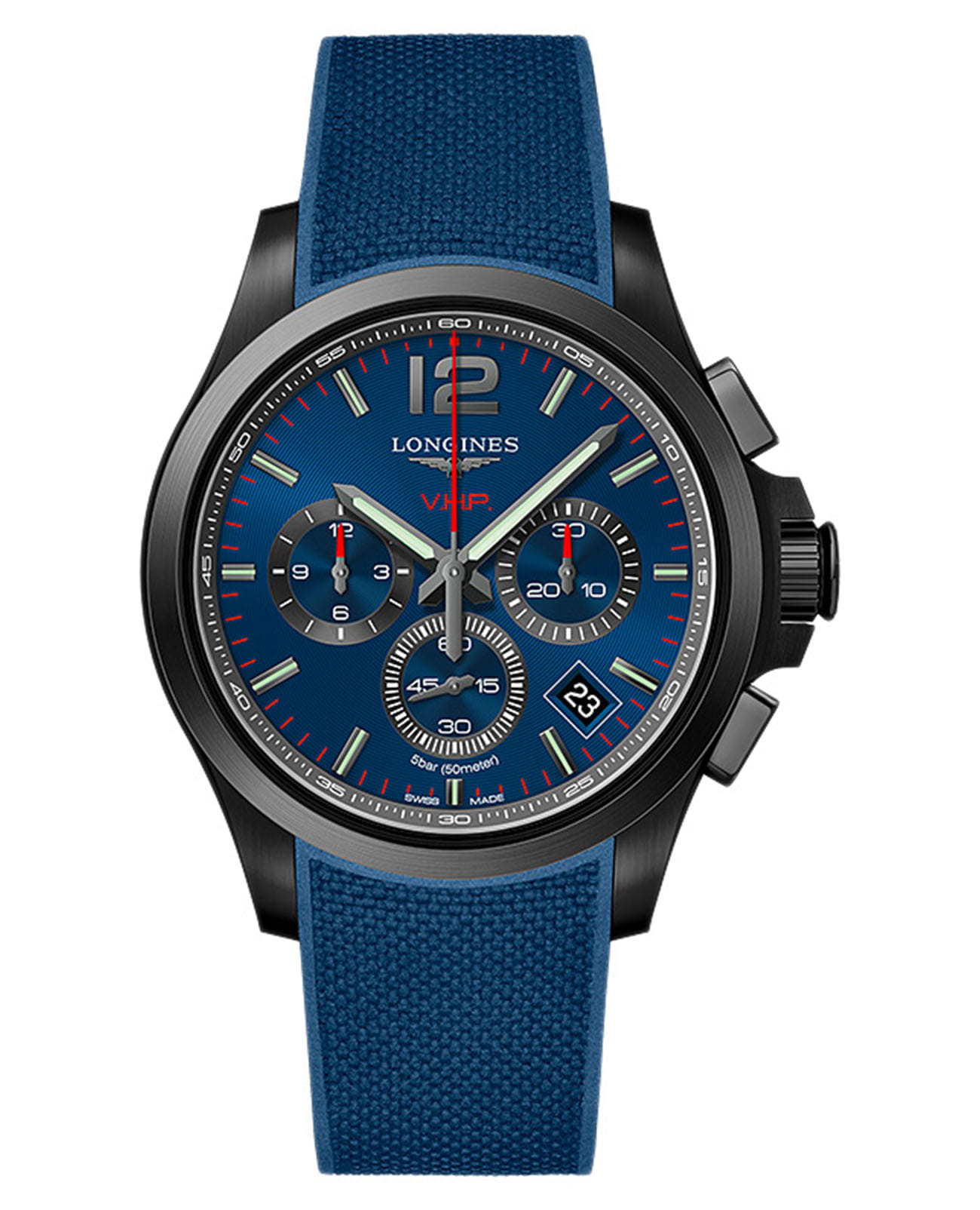 Longines Longines Conquest V.H.P. L3.717.2.96.9  L37172969 кварцевые мужские часы синий циферблат, браслет каучук — вид спереди