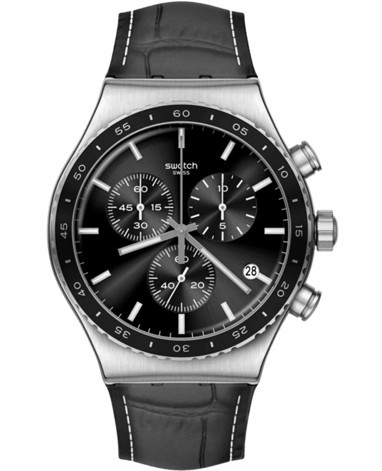 Swatch Swatch I New Chrono YVS495  YVS495 кварцевые мужские часы черный циферблат, браслет кожаный — вид спереди