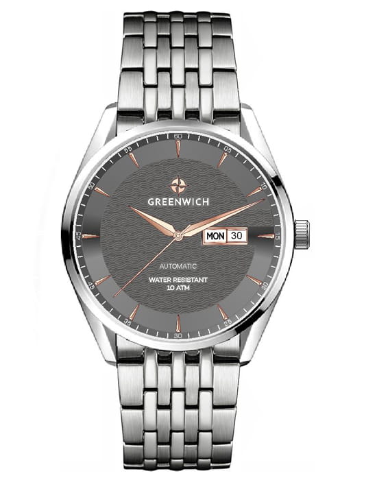 Greenwich Greenwich Good Luck Classic GW 074.10.34  GW 074.10.34 механические мужские часы серый циферблат, браслет нержавеющая сталь — вид спереди