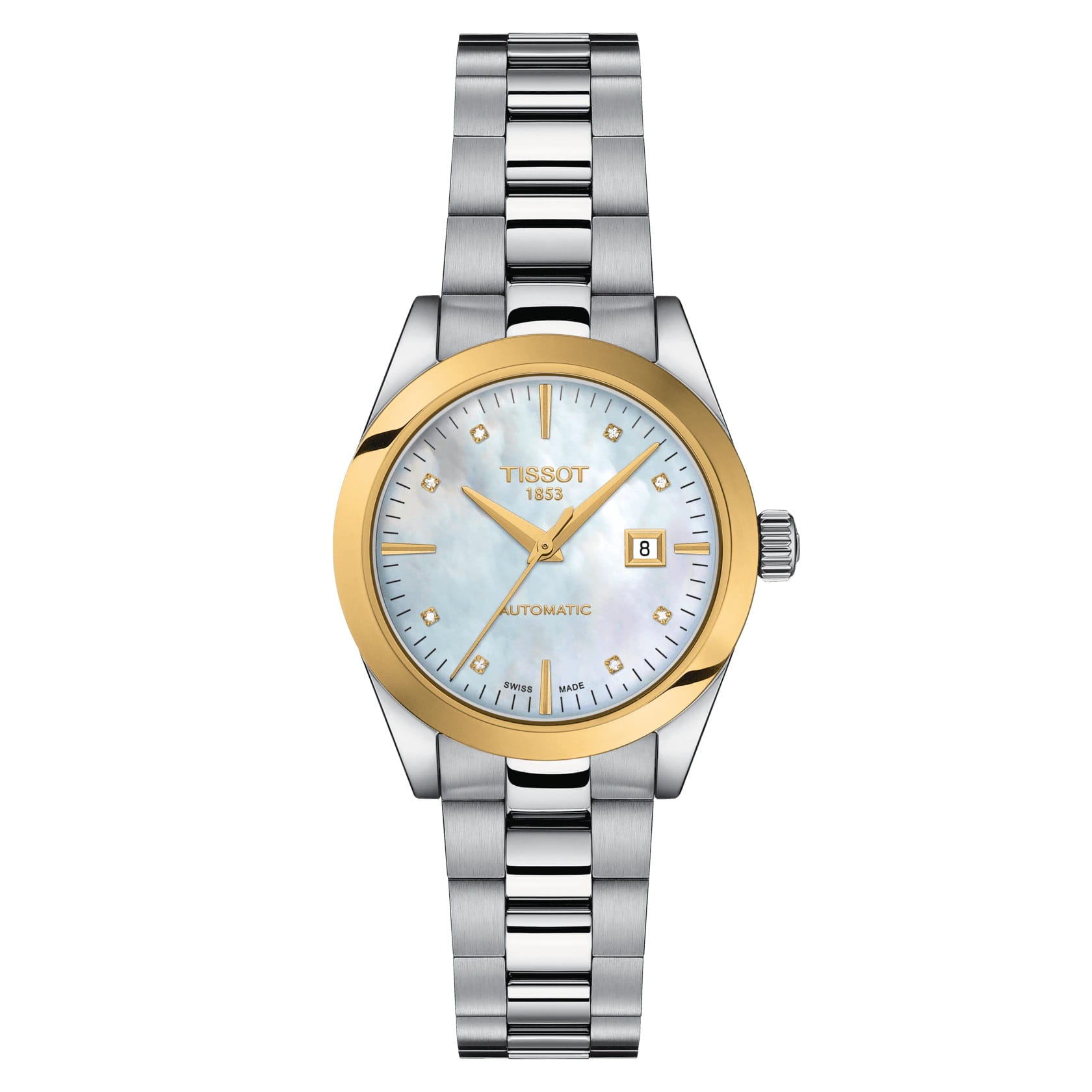Tissot Tissot T-My Lady Automatic 18K Gold T930.007.41.116.00 T My Lady T9300074111600 механические женские часы перламутровый циферблат, браслет нержавеющая сталь — вид спереди