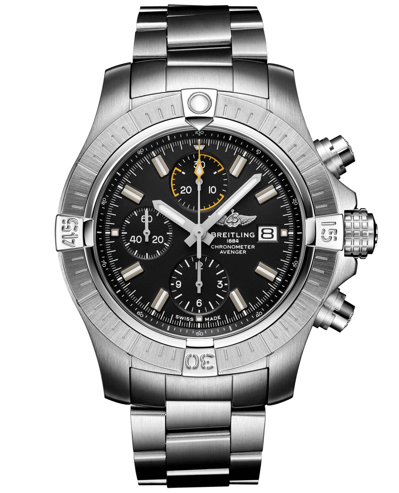 Breitling Breitling Avenger Chronograph 45 A13317101B1A1  A13317101B1A1 механические мужские часы черный циферблат, браслет нержавеющая сталь — вид спереди