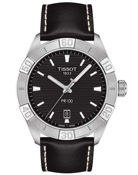 Tissot Tissot PR 100 Sport Gent T101.610.16.051.00 PR 100 T1016101605100 кварцевые мужские часы черный циферблат, браслет кожаный — вид спереди