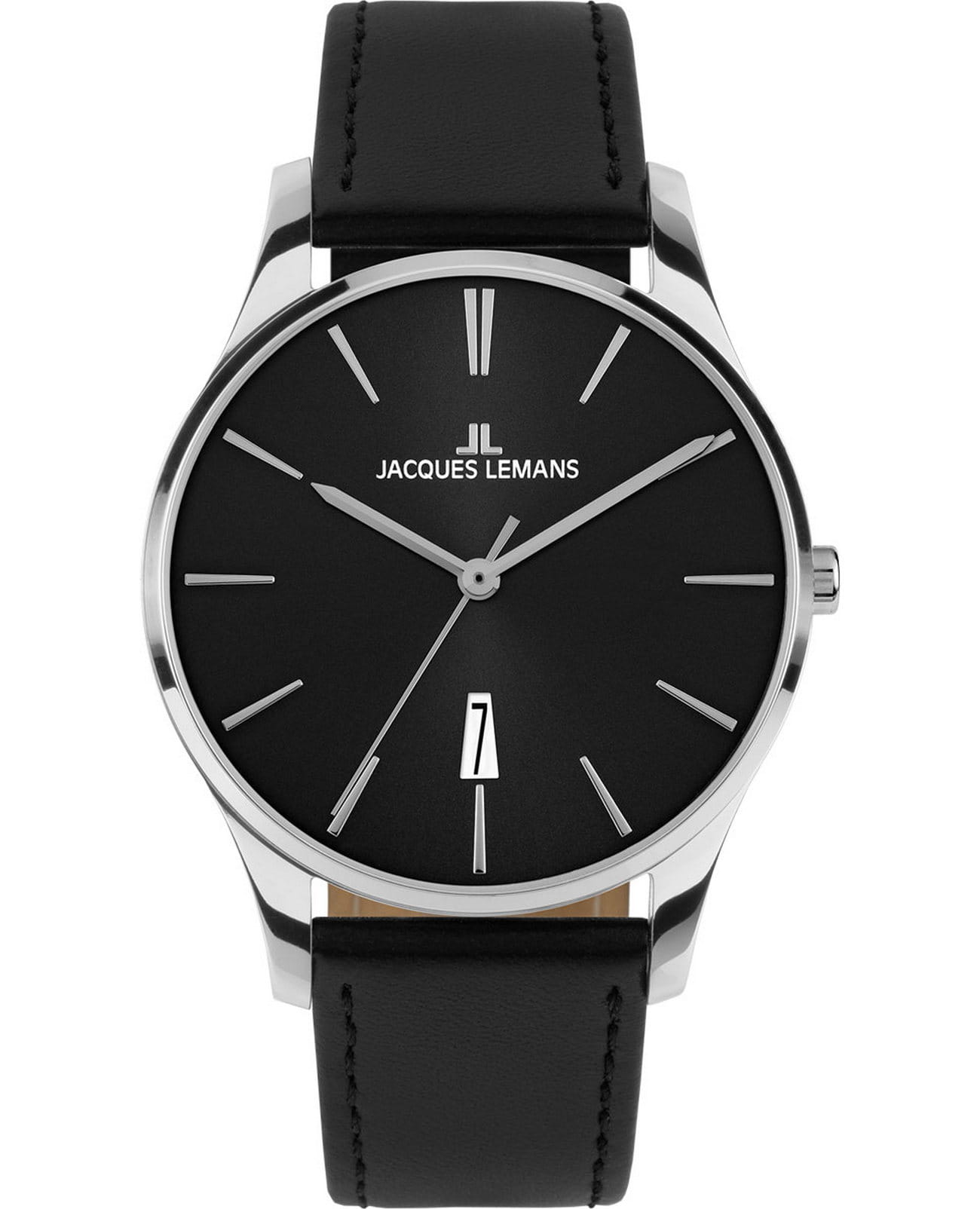 Jacques Lemans Jacques Lemans Classic 1-2124A  1-2124A кварцевые мужские часы черный циферблат, браслет кожаный — вид спереди