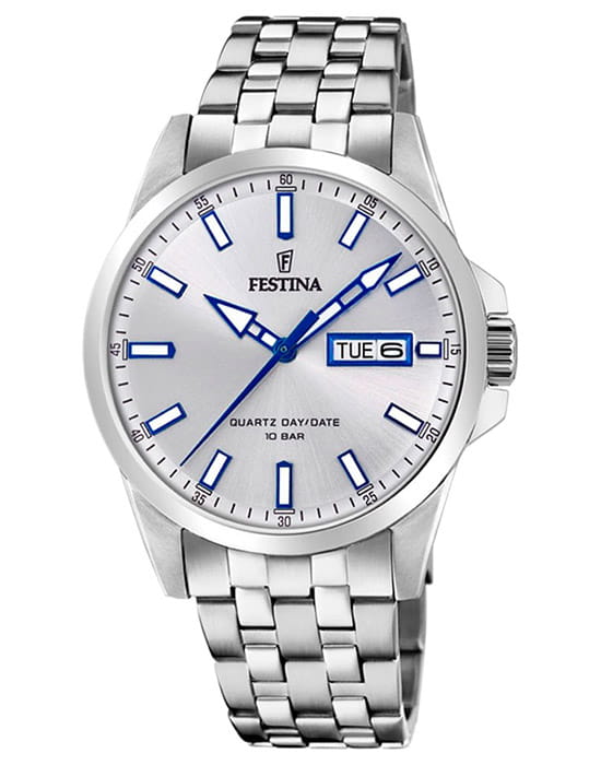Festina Festina Classics F20357/1  F20357/1 кварцевые мужские часы серебристый циферблат, браслет нержавеющая сталь — вид спереди