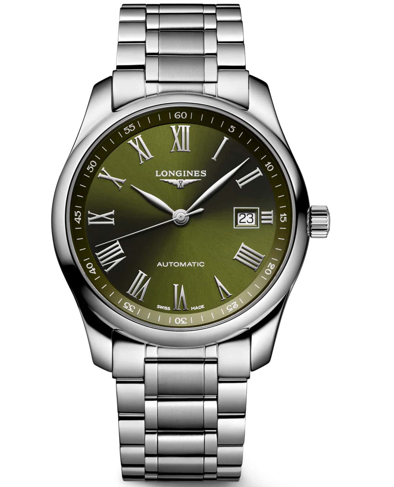 Longines Longines Master Collection L2.793.4.09.6  L27934096 механические мужские часы зеленый циферблат, браслет нержавеющая сталь — вид спереди
