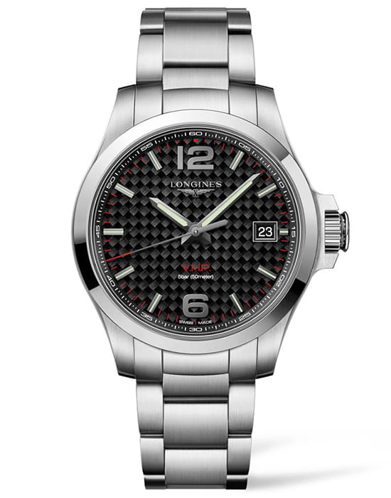 Longines Longines Conquest V.H.P. L3.716.4.66.6  L37164666 кварцевые мужские часы черный циферблат, браслет нержавеющая сталь — вид спереди