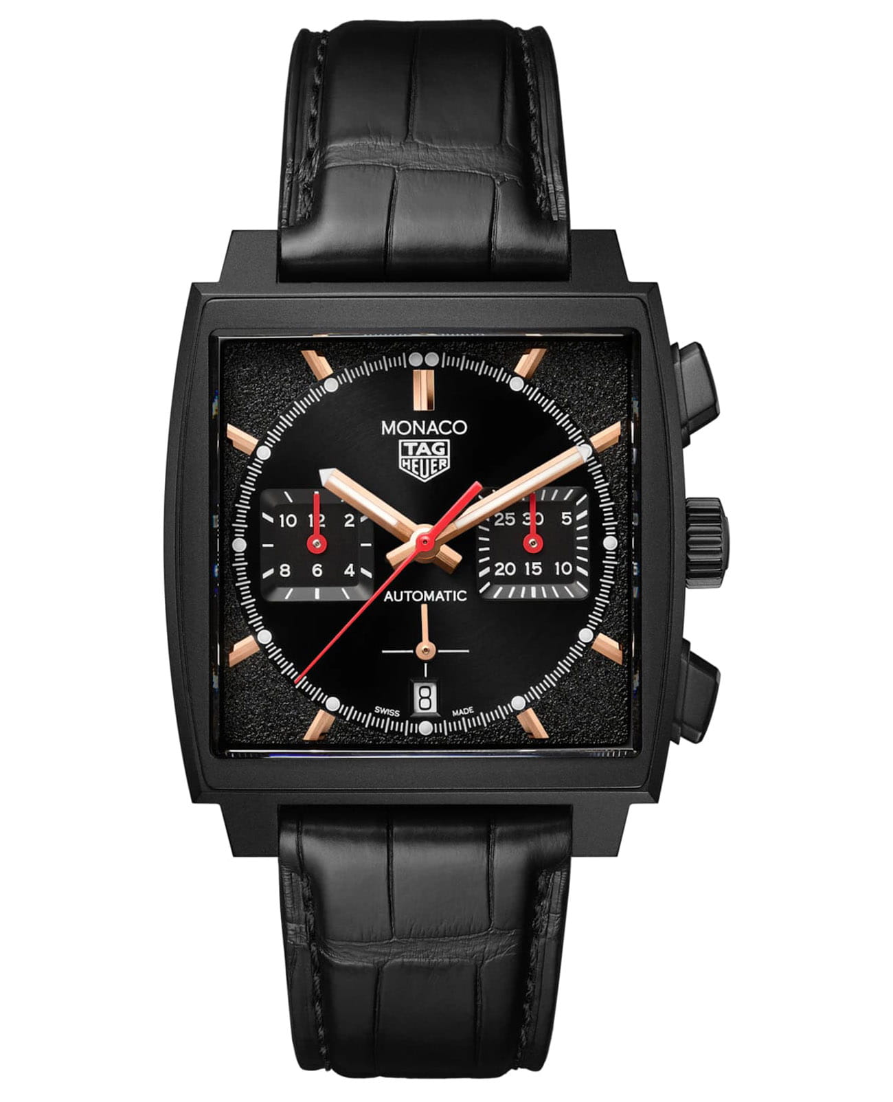 TAG Heuer TAG Heuer Monaco CBL2180.FC6497  CBL2180.FC6497 механические мужские часы черный циферблат, браслет кожаный — вид спереди