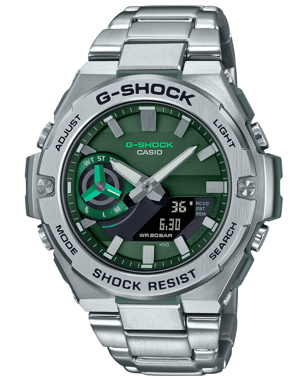 Casio Casio G-Shock GST-B500AD-3A GST G-Steel GST-B500AD-3A электронные мужские часы зеленый циферблат, браслет нержавеющая сталь — вид спереди