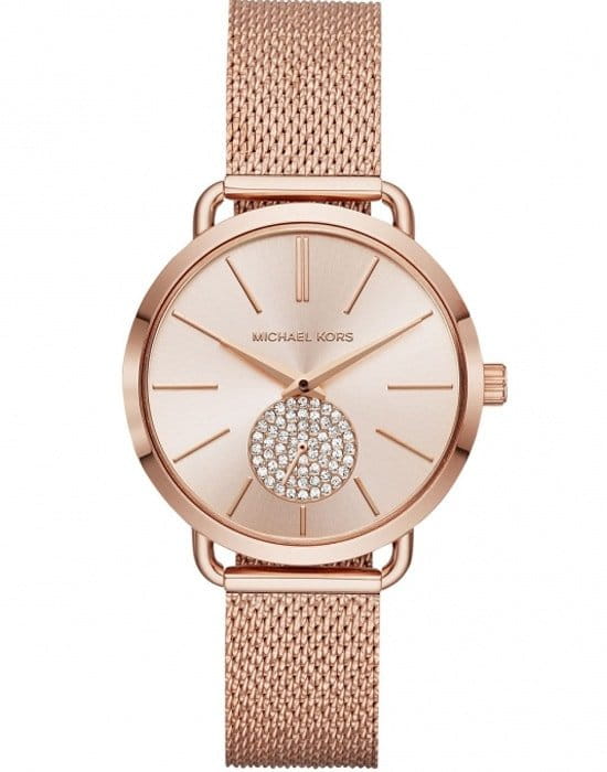 Michael Kors Michael Kors Ritz MK3845  MK3845 кварцевые женские часы розовый циферблат, браслет сталь c pvd покрытием — вид спереди