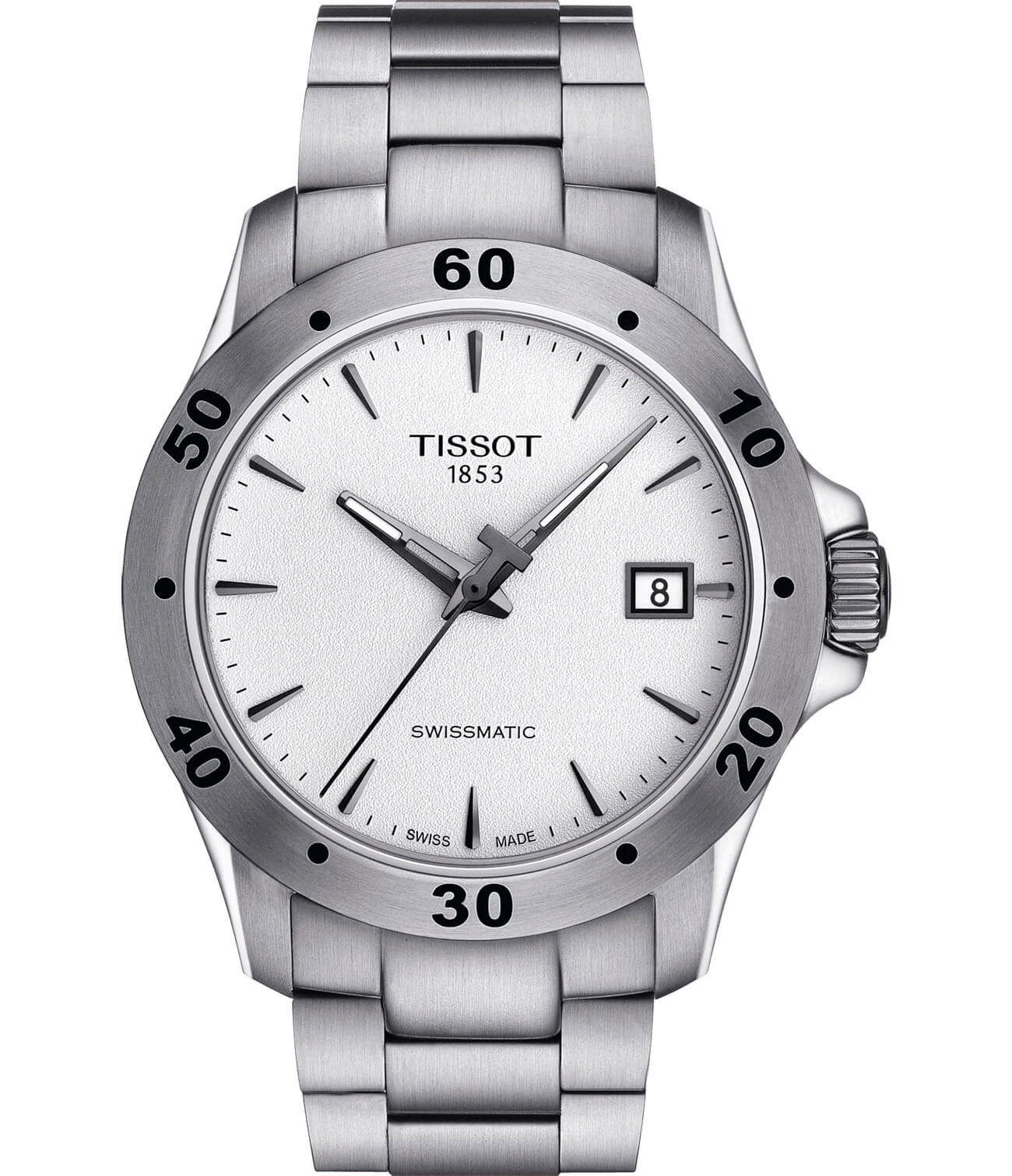 Tissot Tissot V8 Swissmatic T106.407.11.031.01 V8  T1064071103101 механические мужские часы белый циферблат, браслет нержавеющая сталь — вид спереди