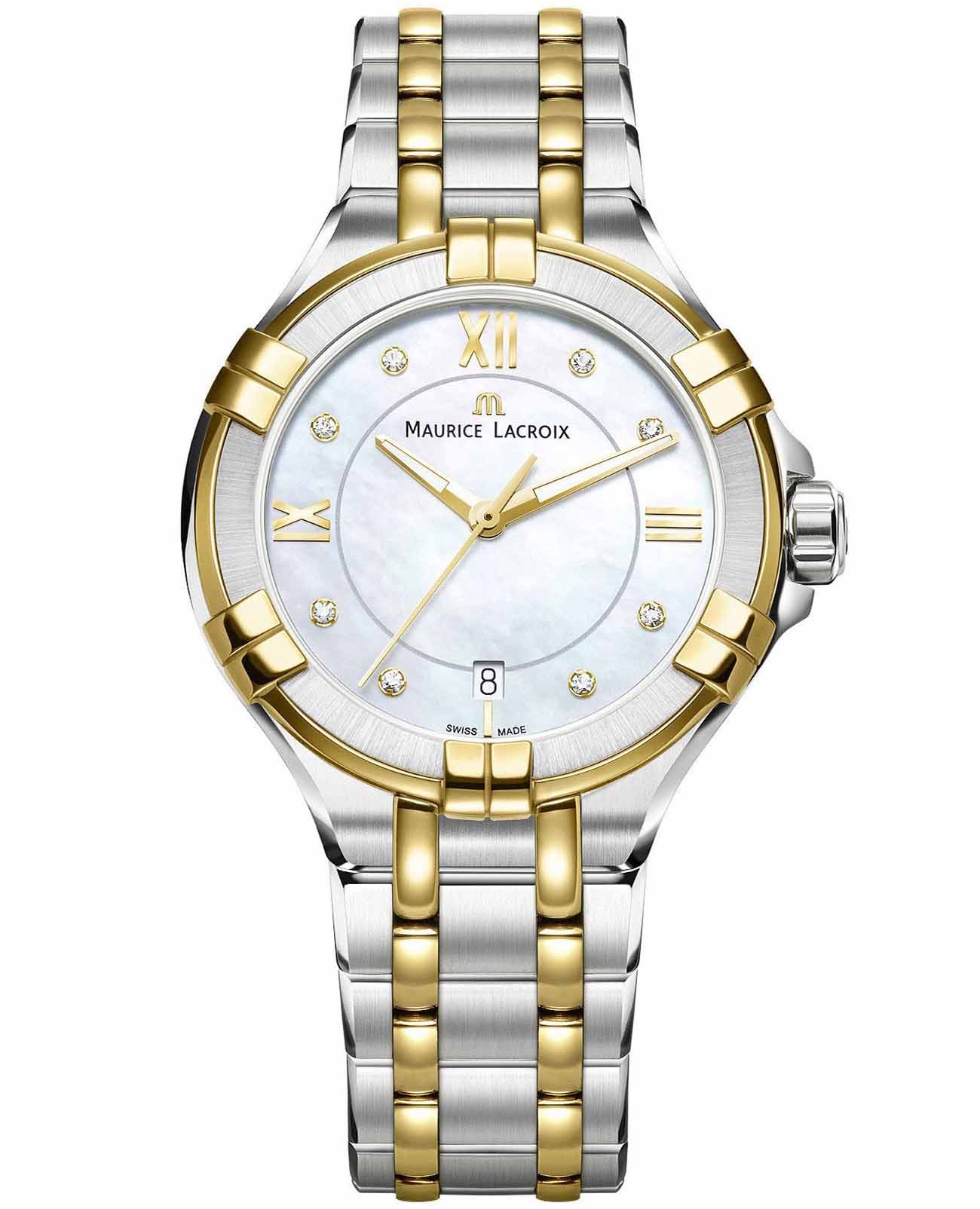Maurice Lacroix Maurice Lacroix Aikon Date AI1004-PVY13-171-1  AI1004-PVY13-171-1 кварцевые женские часы перламутровый циферблат, браслет сталь c pvd покрытием — вид спереди