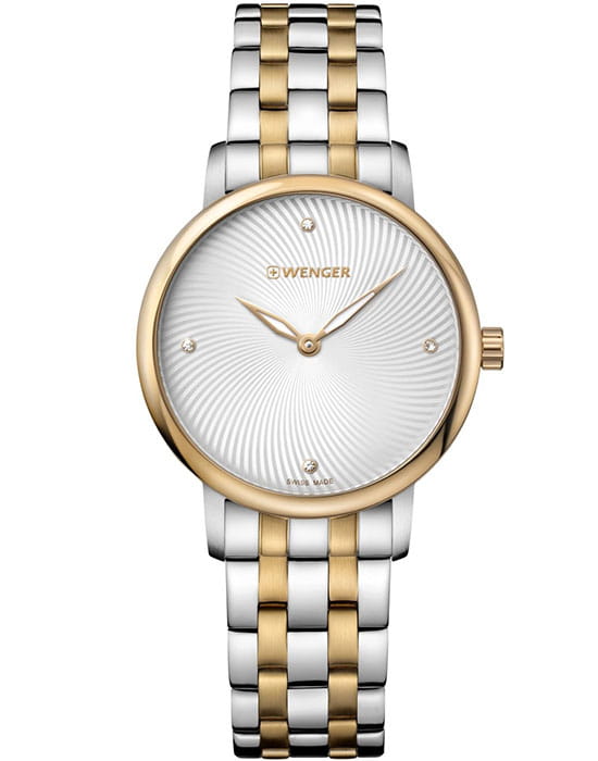 Wenger 01.1721.104  01.1721.104 кварцевые женские часы белый циферблат, браслет сталь c pvd покрытием — вид спереди