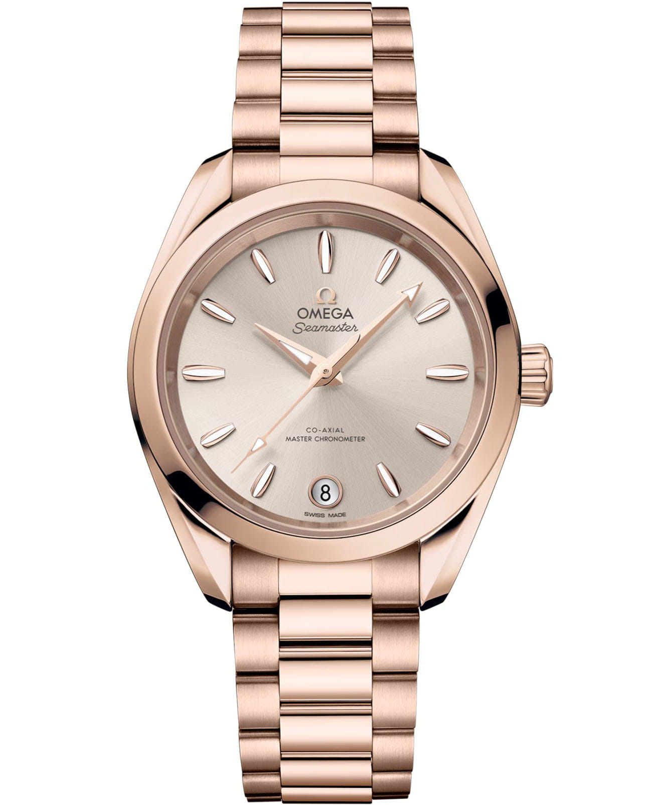 Omega Omega Seamaster Aqua Terra 220.50.34.20.09.001 Aqua Terra 22050342009001 механические женские часы бежевый циферблат, браслет 18-каратное красное золото — вид спереди