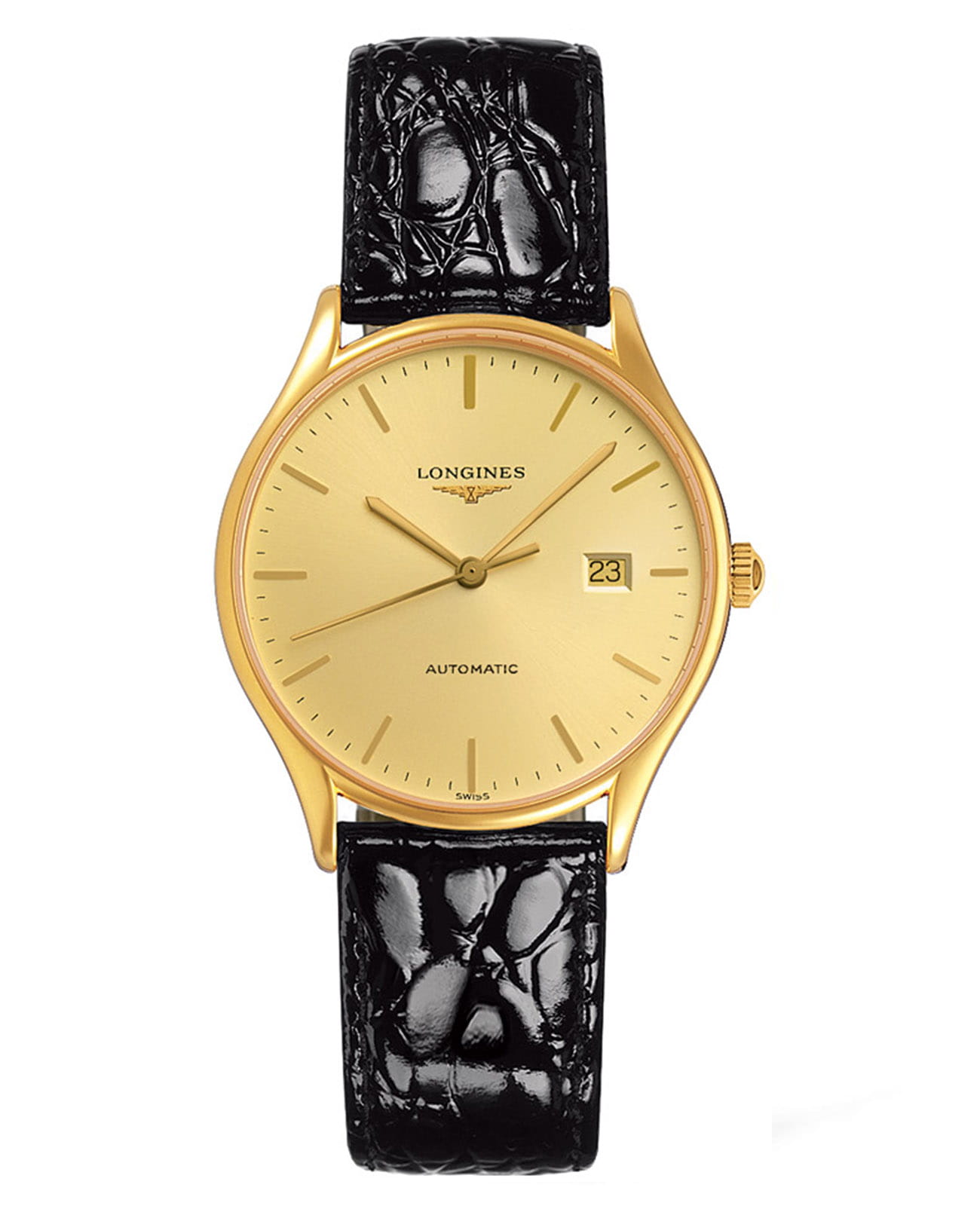 Longines Longines Lyre L4.860.2.32.2  L48602322 механические женские часы золотой циферблат, браслет кожаный — вид спереди