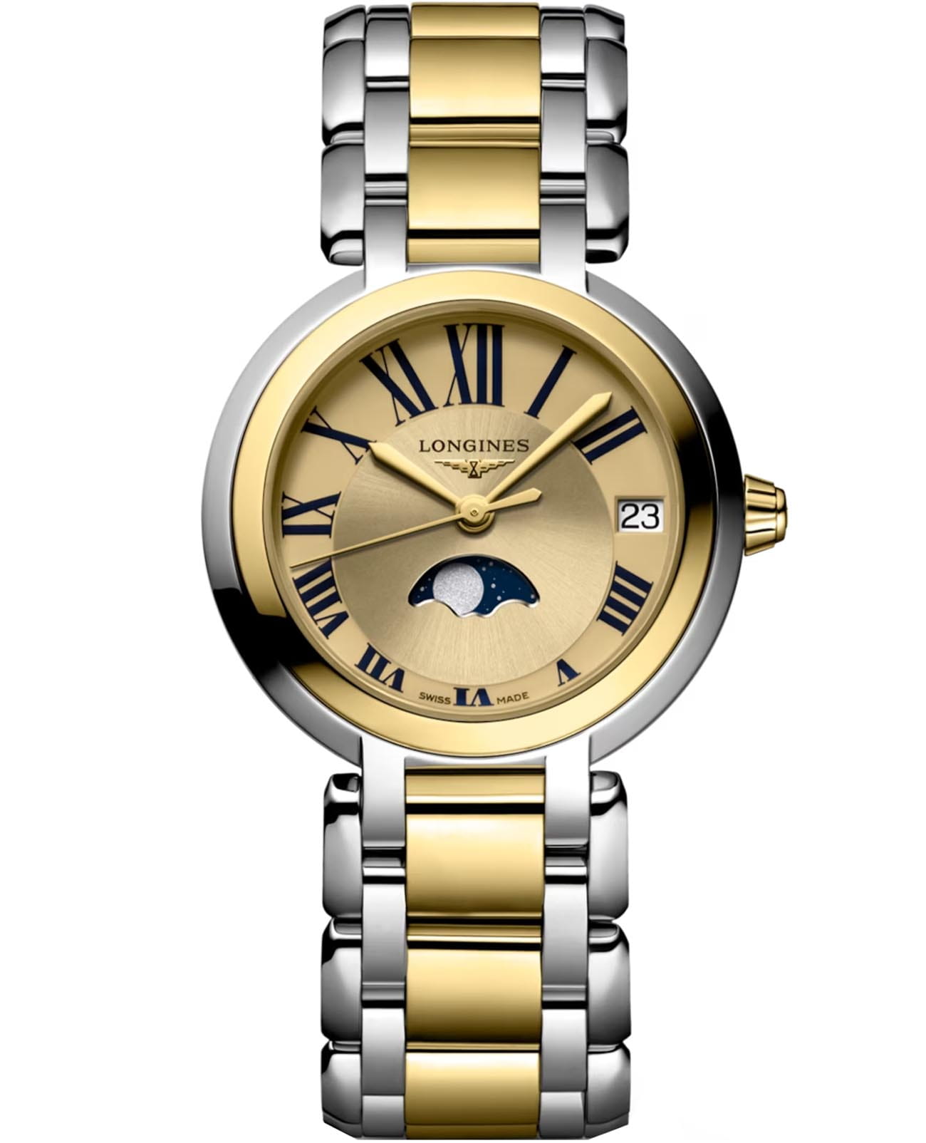 Longines Longines PrimaLuna L8.115.5.31.7  L81155317 кварцевые женские часы коричневый циферблат, браслет нержавеющая сталь + золото 18к — вид спереди