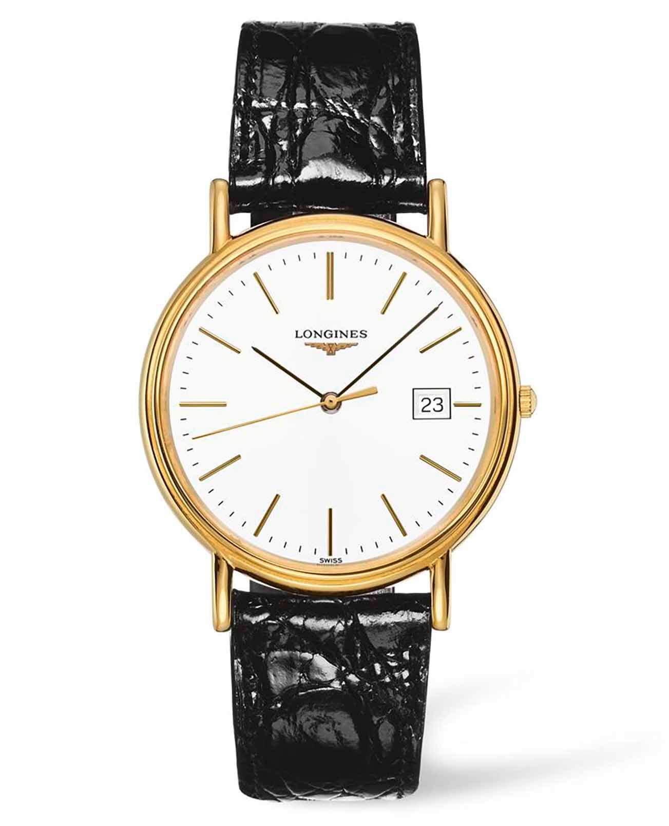 Longines Longines Presence L4.790.2.12.2  L47902122 кварцевые мужские часы белый циферблат, браслет кожаный — вид спереди
