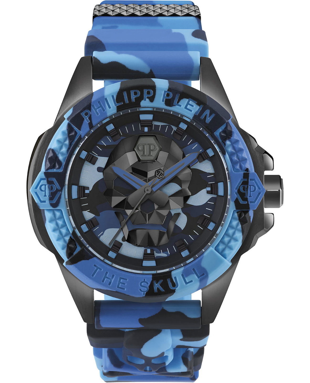 Philipp Plein Philipp Plein The Skull PWAAA1021  PWAAA1021 кварцевые мужские часы синий циферблат, браслет силикон — вид спереди