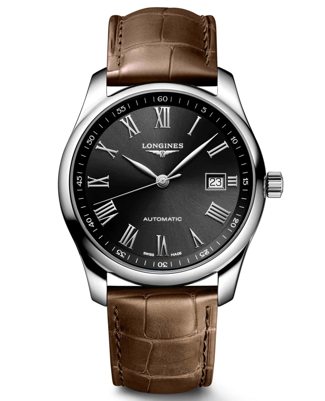 Longines Longines Master Collection L2.793.4.59.2  L27934592 механические мужские часы черный циферблат, браслет кожаный — вид спереди