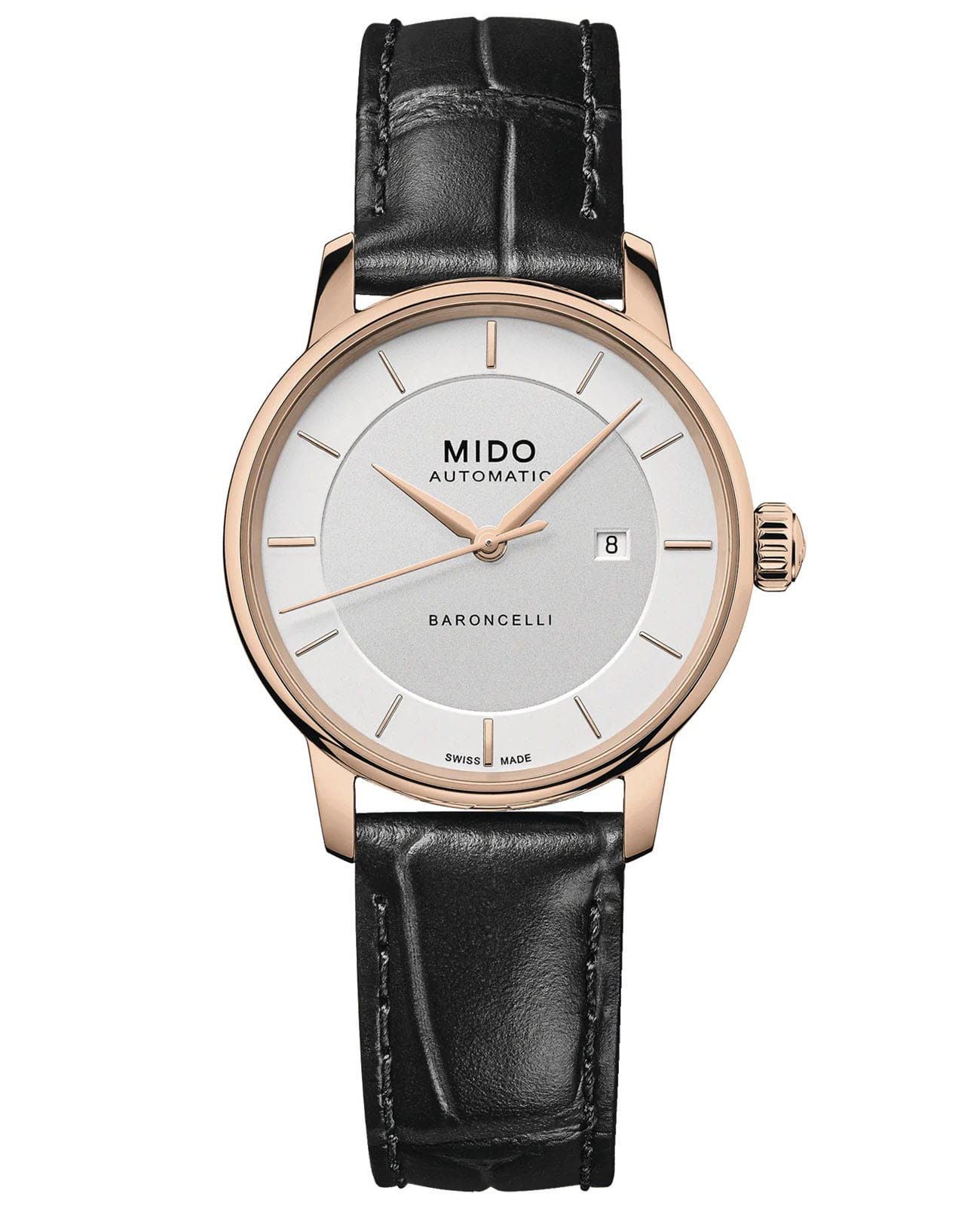 Mido Mido Baroncelli Signature Lady M037.207.36.031.00  M0372073603100 механические женские часы серебристый циферблат, браслет кожаный — вид спереди