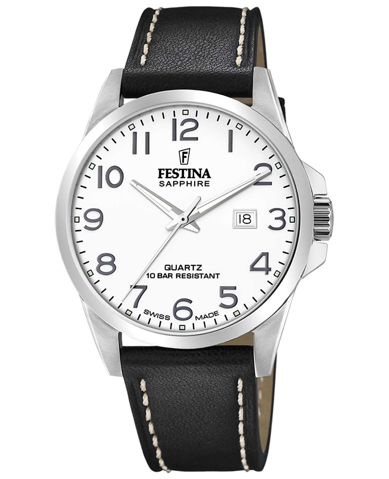 Festina Festina Classics F200251  F20025/1 кварцевые мужские часы белый циферблат, браслет кожаный — вид спереди