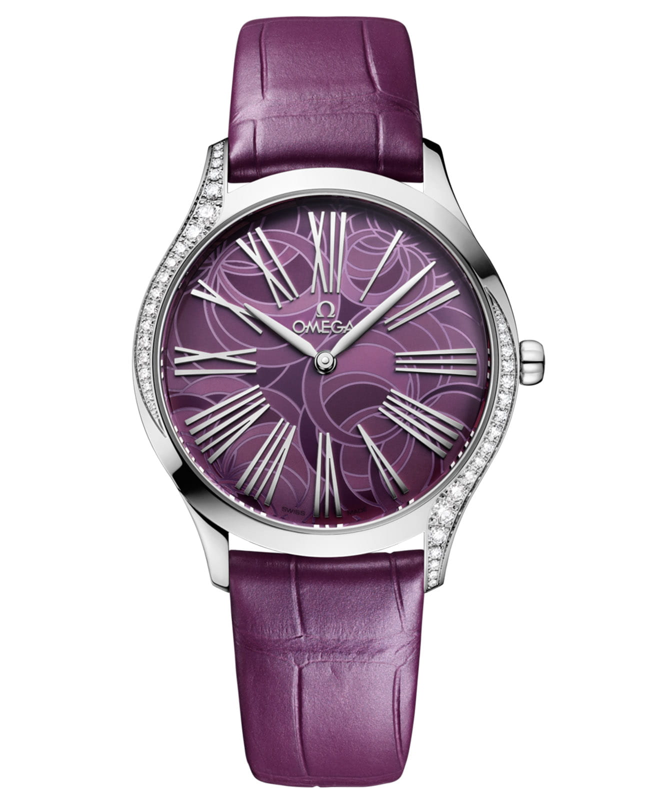 Omega Omega De Ville Mini Tresor 428.18.36.60.10.003  42818366010003 кварцевые женские часы фиолетовый циферблат, браслет кожаный — вид спереди