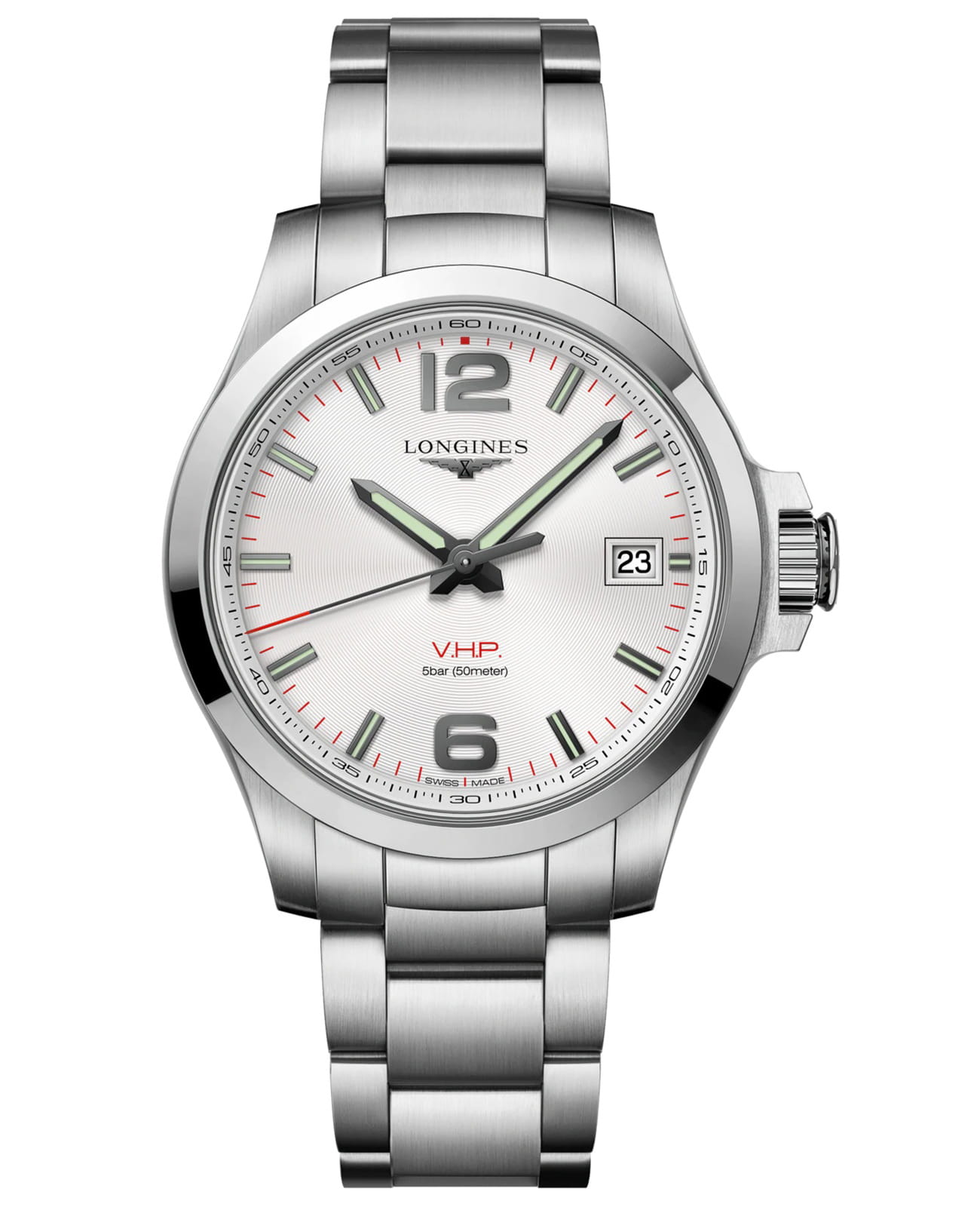 Longines Longines Conquest V.H.P. L3.716.4.76.6  L37164766 кварцевые мужские часы серебристый циферблат, браслет нержавеющая сталь — вид спереди