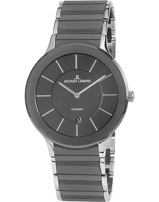 Jacques Lemans Jacques Lemans Classic 1-1855E  1-1855E кварцевые мужские часы серый циферблат, браслет сталь + керамические вставки — вид спереди
