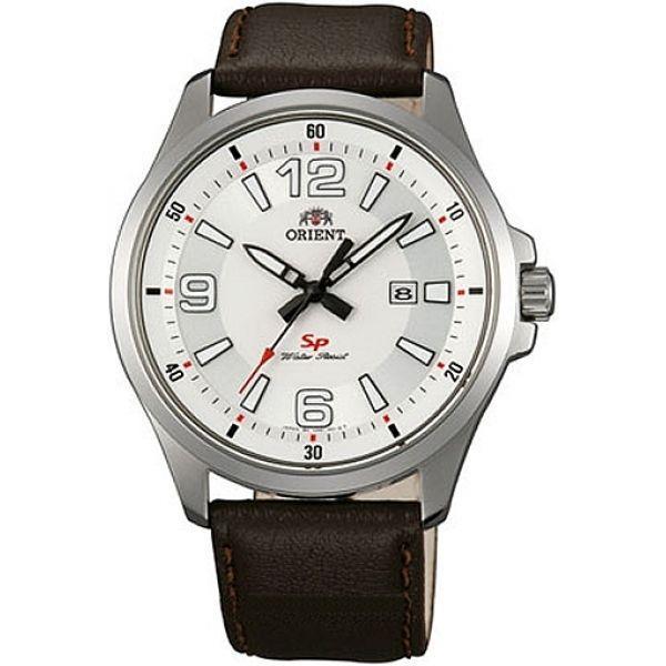 Orient Orient UNE1007W (FUNE1007W)  FUNE1007W  мужские часы белый циферблат, браслет кожа + текстиль — вид спереди