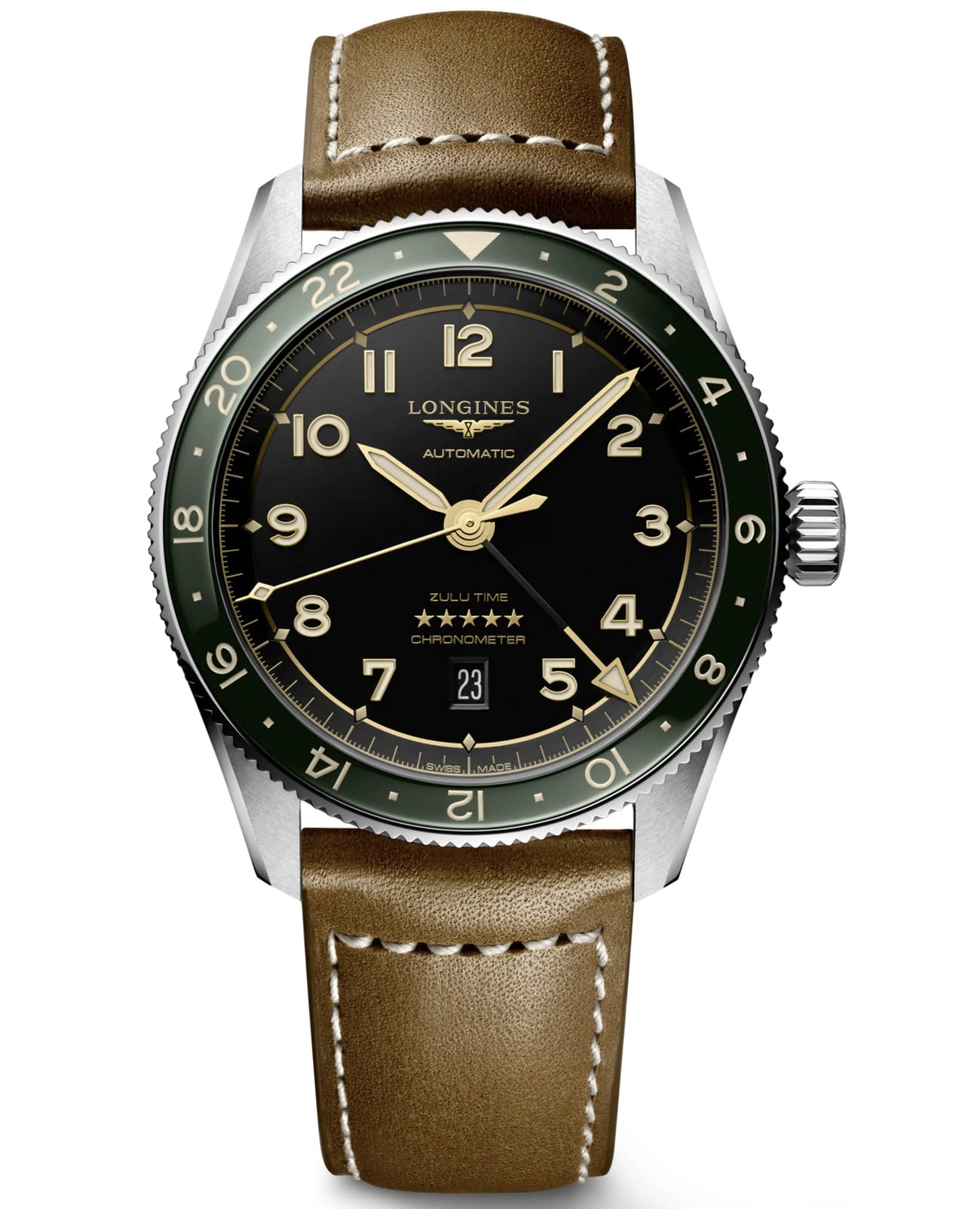 Longines Longines Spirit L3.812.4.63.2  L38124632 механические мужские часы черный циферблат, браслет кожаный — вид спереди
