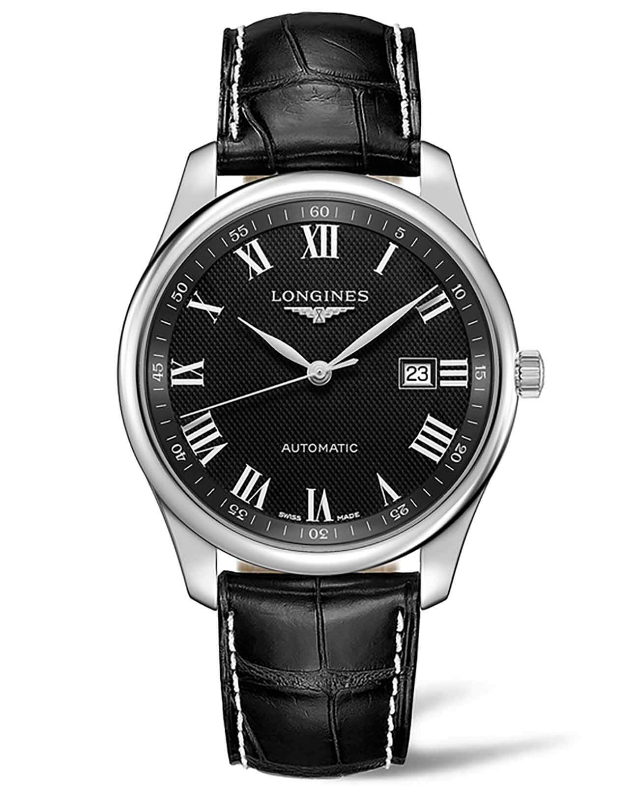 Longines Longines Master Collection L2.893.4.51.8  L28934518 механические мужские часы черный циферблат, браслет кожаный — вид спереди