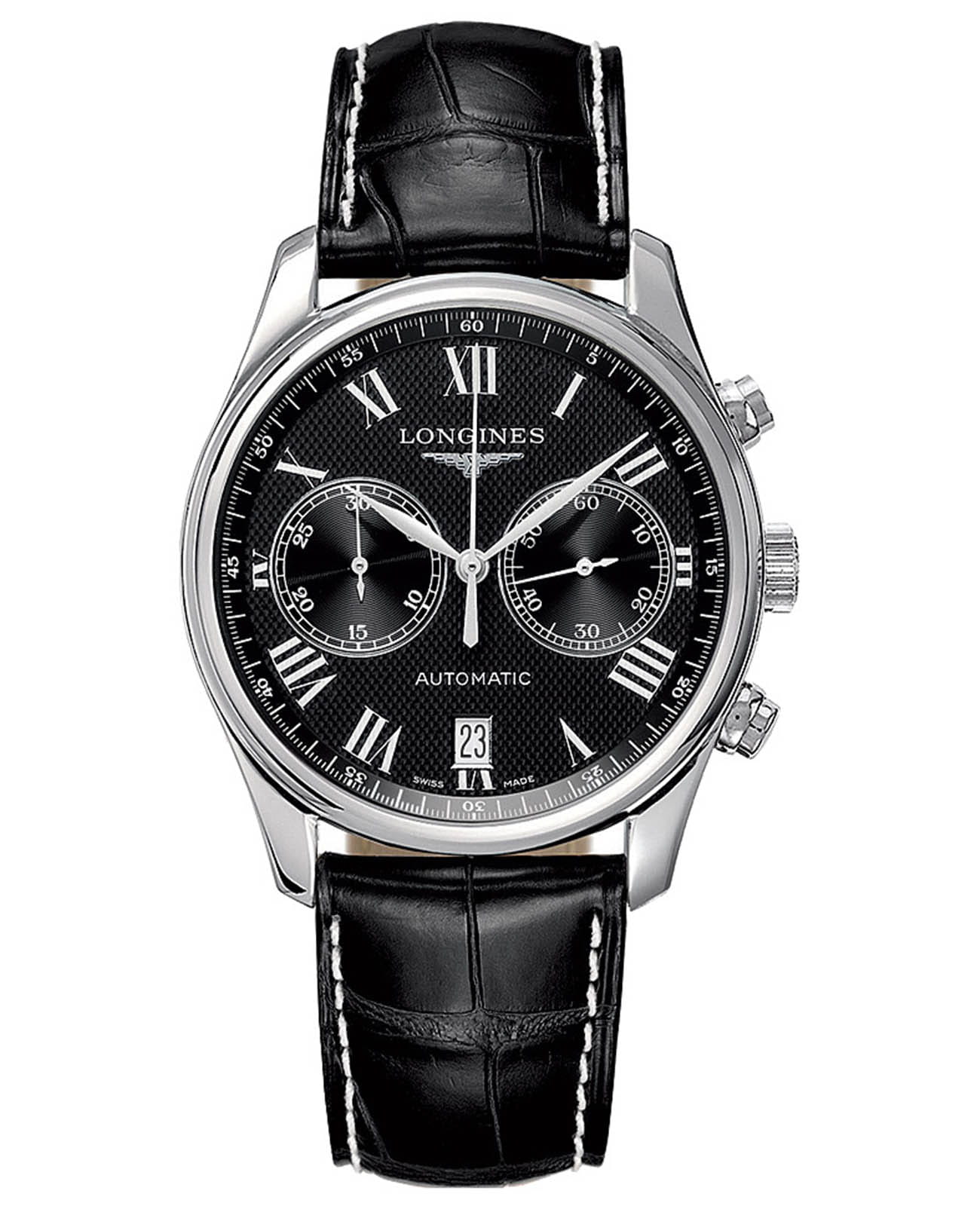 Longines Longines Master Collection L2.629.4.51.7  L26294517 механические мужские часы черный циферблат, браслет кожаный — вид спереди