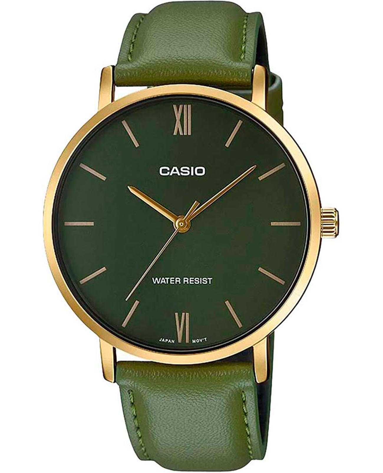 Casio Casio Collection MTP-VT01GL-3BUDF (MTP-VT01GL-3B)  MTP-VT01GL-3B кварцевые мужские часы зеленый циферблат, браслет кожаный — вид спереди