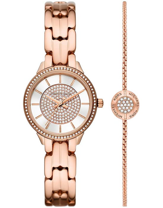 Michael Kors Michael Kors Allie MK1039  MK1039 кварцевые женские часы белый циферблат, браслет сталь с ip покрытием — вид спереди