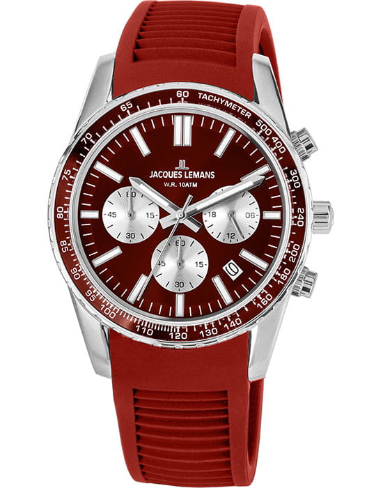Jacques Lemans Jacques Lemans Liverpool 1-2059E  1-2059E кварцевые мужские часы красный циферблат, браслет силикон — вид спереди