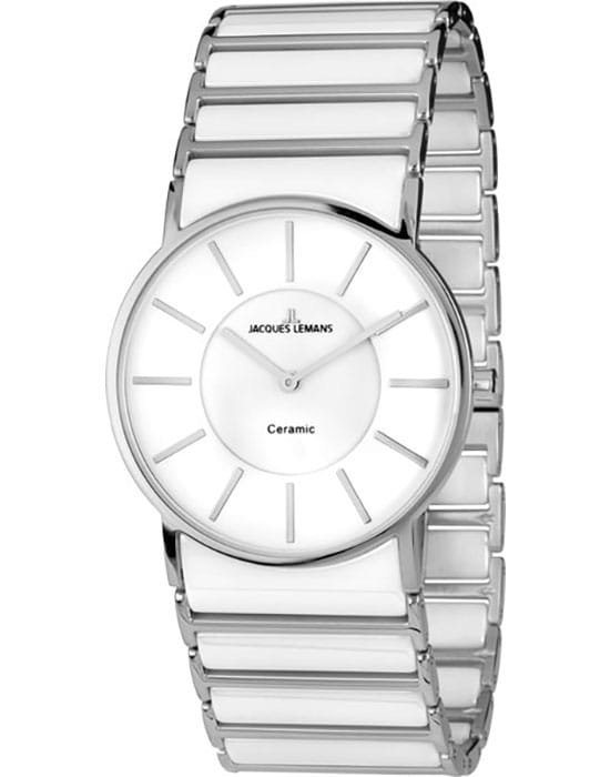 Jacques Lemans Jacques Lemans 1-1649E  1-1649E кварцевые женские часы белый циферблат, браслет сталь + керамические вставки — вид спереди