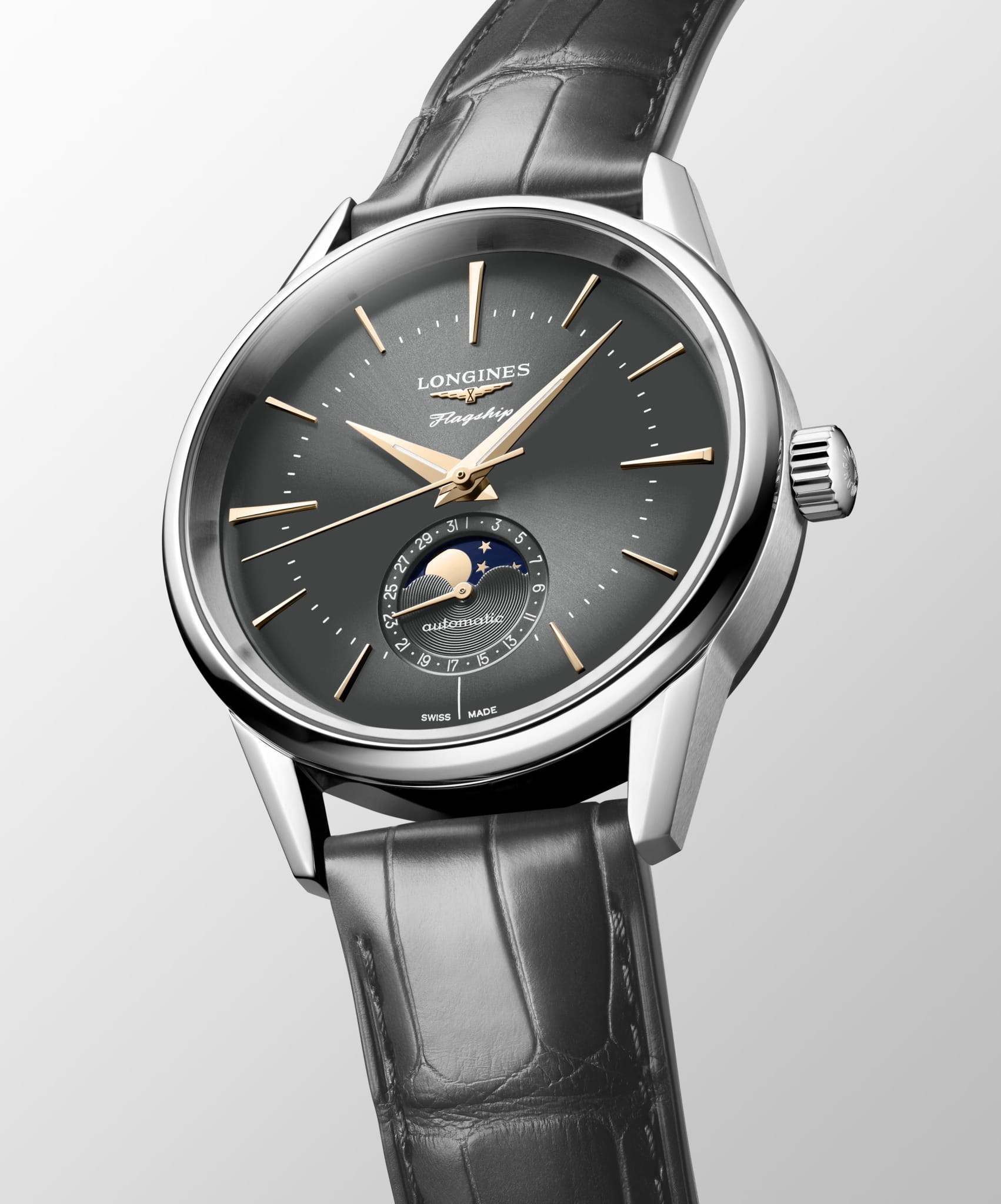 Longines Longines Flagship Heritage L4.815.4.52.2 механические мужские часы часы крупный план серый циферблата