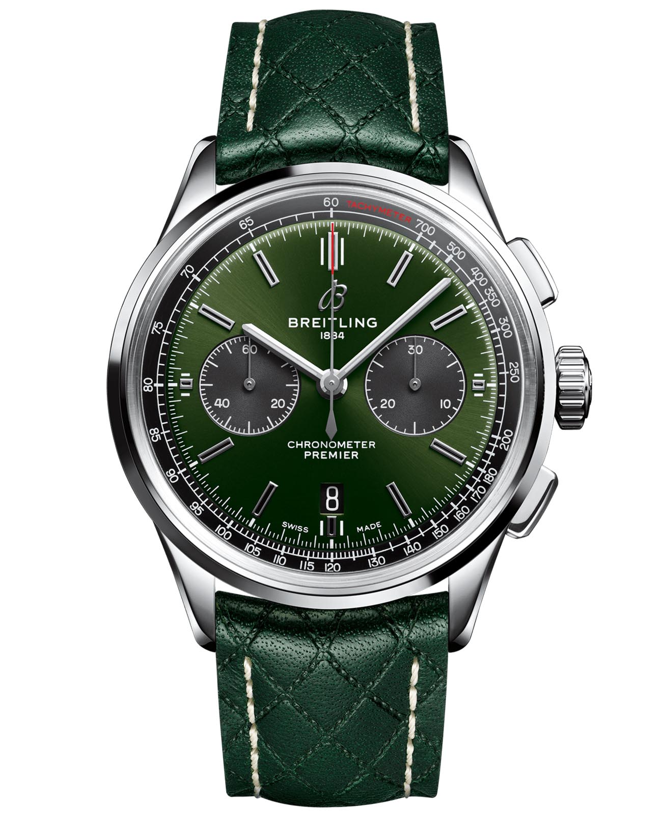 Breitling Breitling Premier B01 Chronograph 42 Bentley British Racing Green AB0118A11L1X1  AB0118A11L1X1 механические мужские часы зеленый циферблат, браслет кожаный — вид спереди