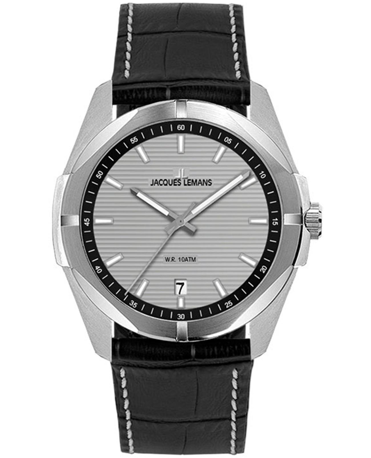 Jacques Lemans Jacques Lemans 1-2176E  1-2176E кварцевые мужские часы черный циферблат, браслет кожаный — вид спереди
