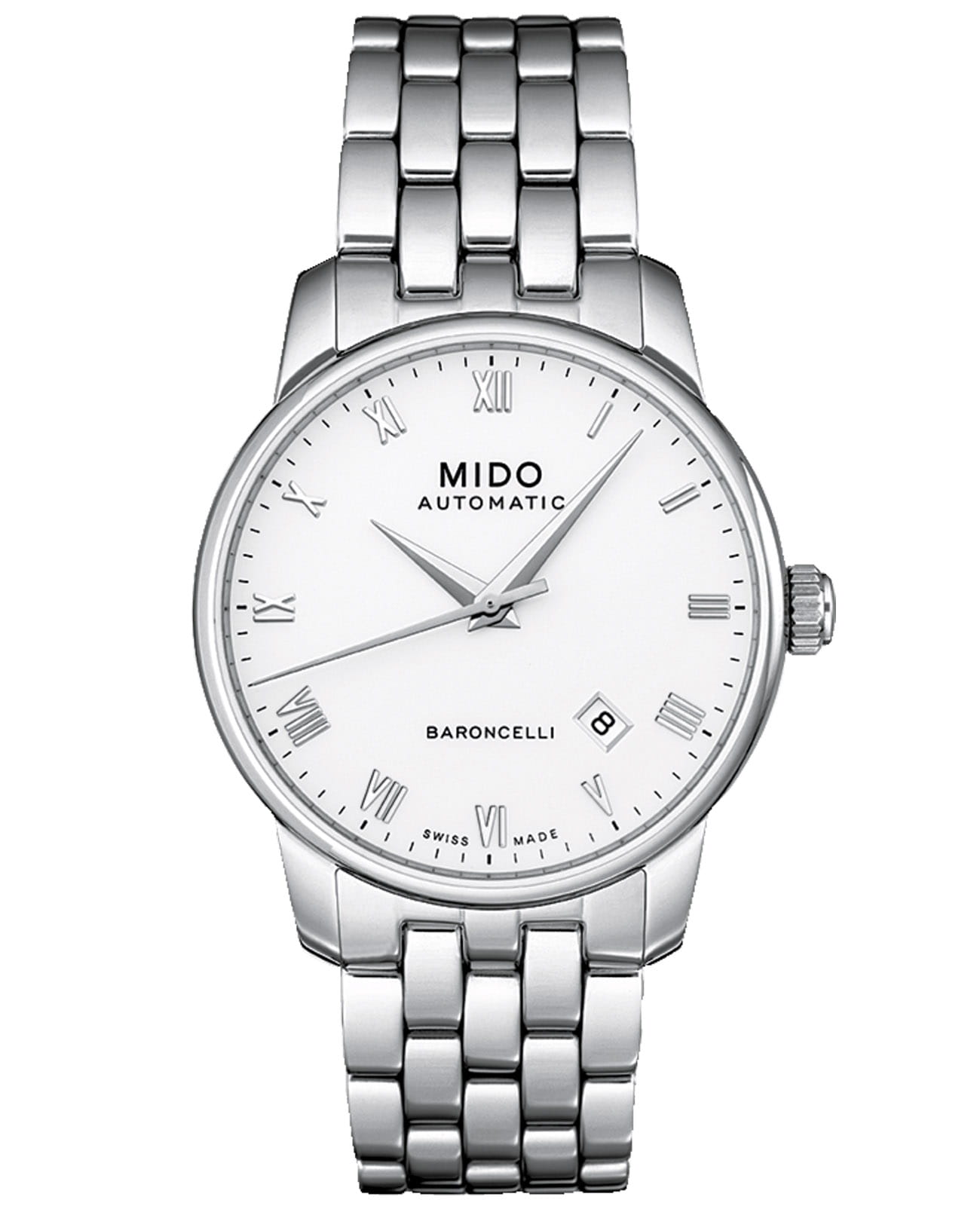 Mido Mido Baroncelli Gent M8600.4.26.1  M86004261 механические мужские часы белый циферблат, браслет нержавеющая сталь — вид спереди