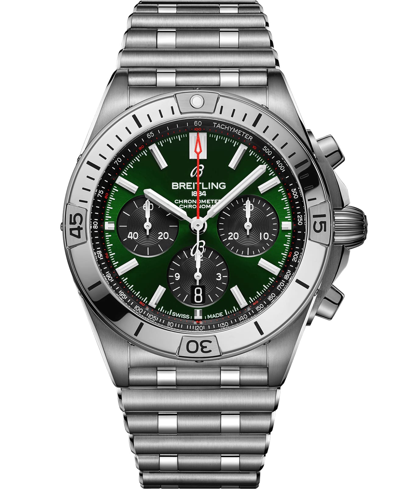 Breitling Breitling Chronomat B01 42 AB0134101L1A1  AB0134101L1A1 механические мужские часы зеленый циферблат, браслет нержавеющая сталь — вид спереди
