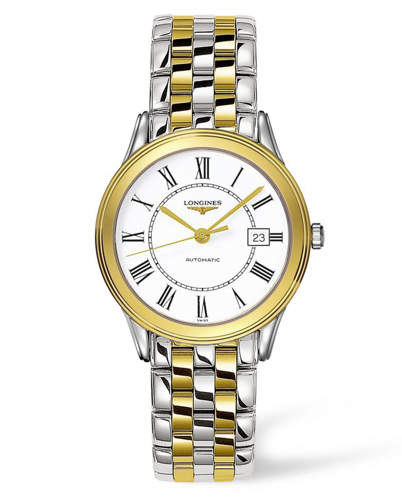 Longines Longines Flagship L4.774.3.21.7  L47743217 механические мужские часы белый циферблат, браслет сталь c pvd покрытием — вид спереди